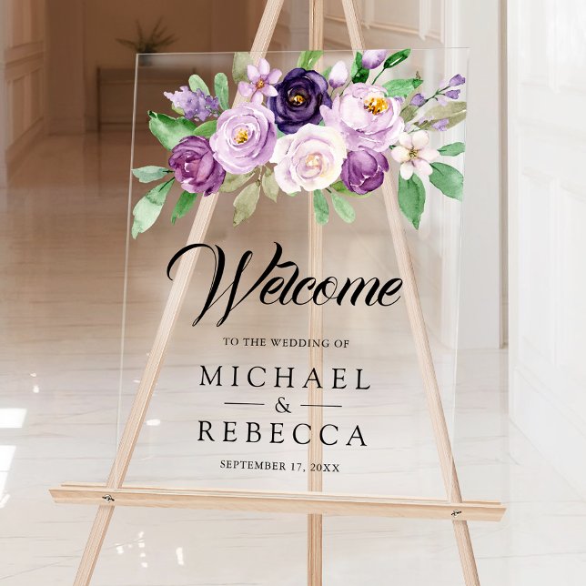 Rustic Purple Floral Wedding Welcome Acrylschild (Von Creator hochgeladen)