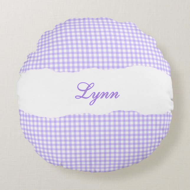 Rustic Purple Gingham Personalized Name Rundes Kissen (Vorderseite)