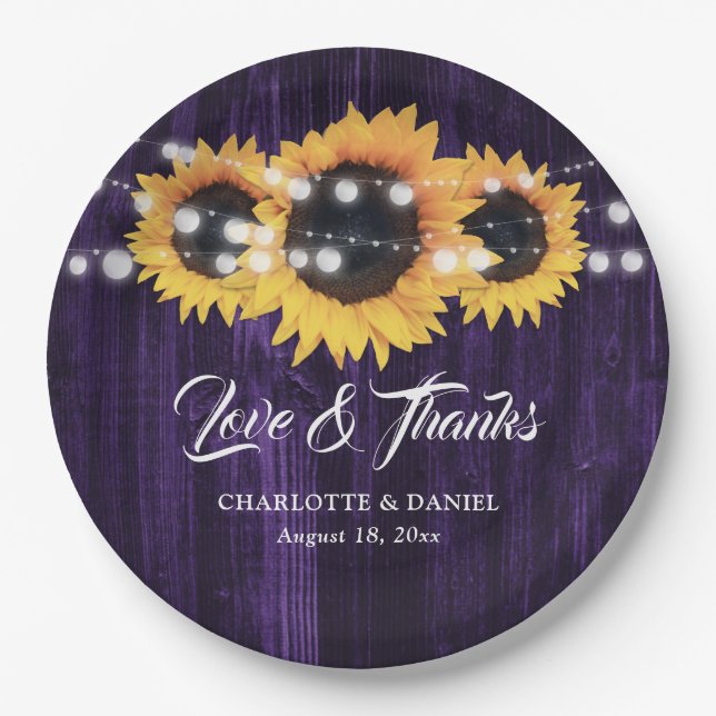 Rustic Purple Wood String Lights Sunflower Wedding Pappteller (Vorderseite)