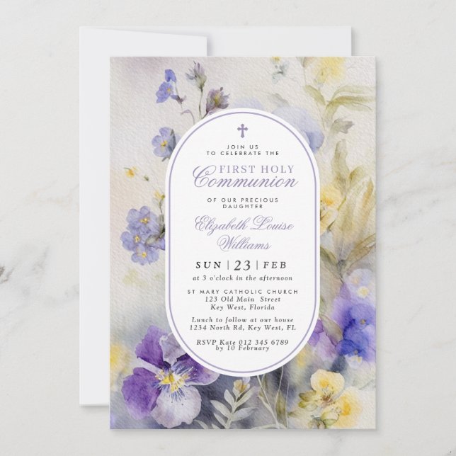 Rustic Purple & Yellow First Holy Communion Einladung (Vorderseite)