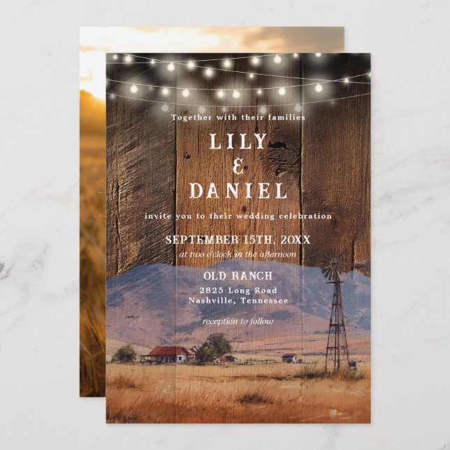 Rustic Ranch Barn Wood String Lights Photo Wedding Einladung (Vorne/Hinten)