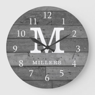 Rustic Reclaimed Wood Family Name Monogram Gray Große Wanduhr