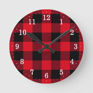 Rustic Red and Black Buffalo Plaid Runde Wanduhr