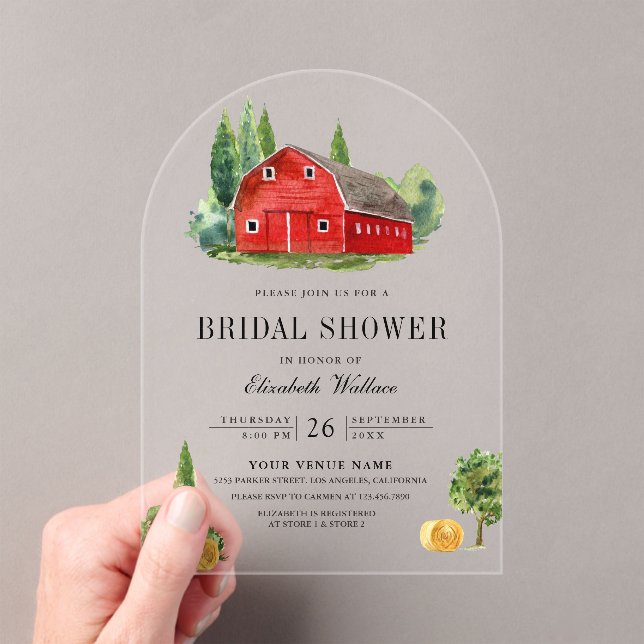 Rustic Red Barn Rural Farm Bridal Shower Acryleinladungen (Insitu (Handheld))