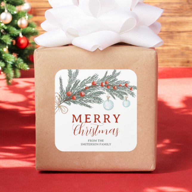 Rustic Red Berry Evergreen Branch Frohe Weihnachte Quadratischer Aufkleber (Rustic Red Berry Evergreen Branch Merry Christmas Square Sticker)