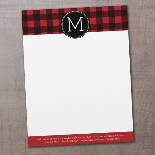 Rustic Red & Black Buffalo Plaid Pattern Monogram Briefbogen