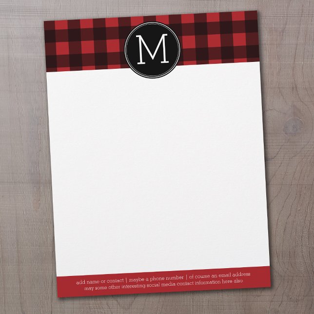 Rustic Red & Black Buffalo Plaid Pattern Monogram Briefbogen (Von Creator hochgeladen)