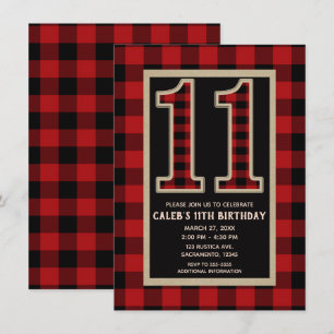 Rustic Red Black Büffel Karo 11. 11. Geburtstag Einladung