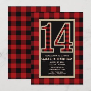 Rustic Red Black Büffel Karo 14. 14. Geburtstag Einladung