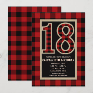 Rustic Red Black Büffel Karo 18. 18. Geburtstag Einladung