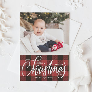 Rustic Red Buffalo Plaid Merry Christmas Photo Feiertagskarte