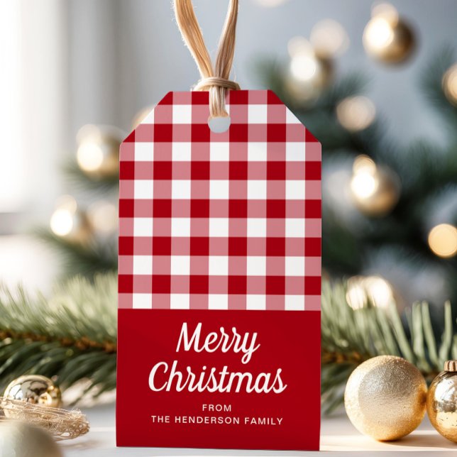 Rustic Red Checkered Script Frohe Weihnachten Geschenkanhänger (Rustic Red Checkered Script Merry Christmas Gift Tags)