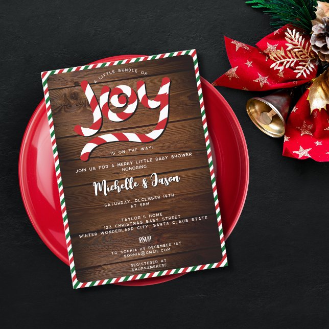 Rustic Red Christmas Candy Cane Joy Baby Showroom Einladung (Von Creator hochgeladen)