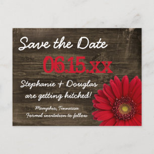 Rustic Red Daisy Wood Save the Date Postkarten