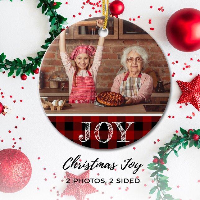 Rustic Red Foto Christmas Joy Buffalo Kariert Keramik Ornament (Von Creator hochgeladen)