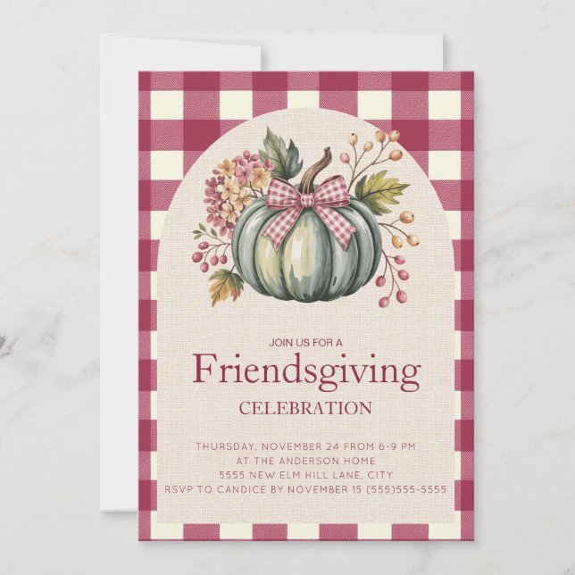 Rustic Red Gingham Aquamarin Pumpkin Friendsgiving (Vorderseite)