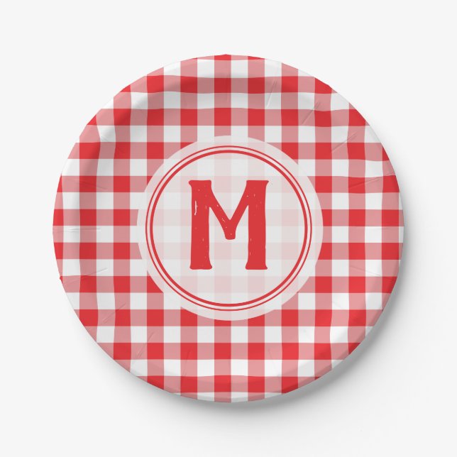 Rustic Red Gingham Family Picnic Mit Monogramm Pappteller (Vorderseite)