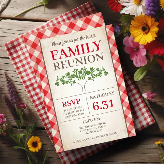 Rustic Red Gingham Family Wiedersehen Einladungen (Rustic family reunion invitations tree with red gingham print.)
