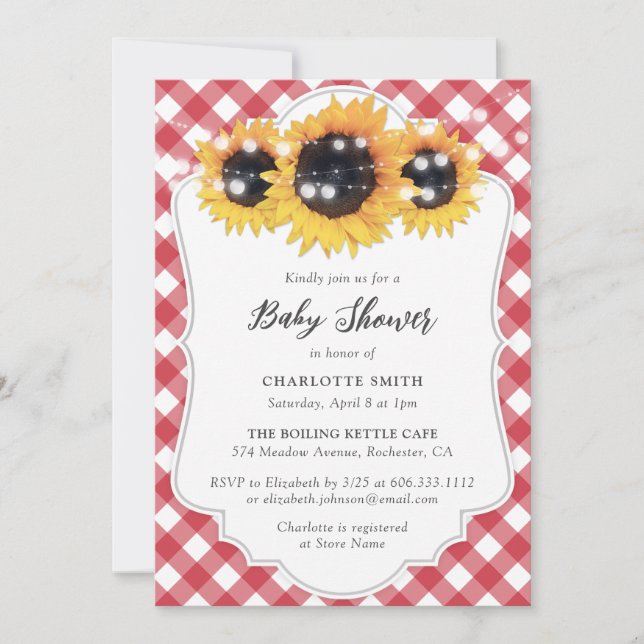 Rustic Red Gingham Sunflower Baby Dusche Einladung (Vorderseite)