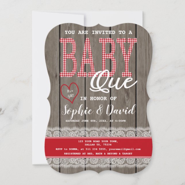 Rustic Red Gingham Wood Girl Baby ShowGRILLEN Einladung (Vorderseite)