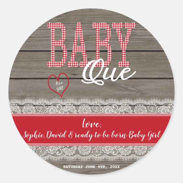 Rustic Red Gingham Wood Girl Baby ShowGRILLEN Runder Aufkleber (Vorderseite)