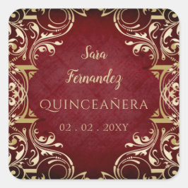 Rustic Red Gold Elegante Quinceanera Square Sticke Quadratischer Aufkleber