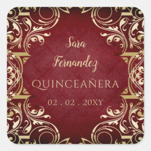 Rustic Red Gold Elegante Quinceanera Square Sticke Quadratischer Aufkleber