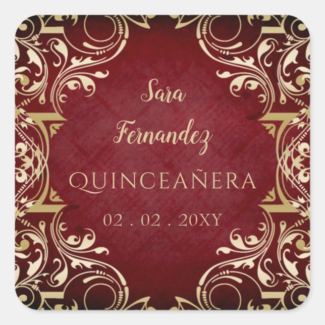 Rustic Red Gold Elegante Quinceanera Square Sticke Quadratischer Aufkleber (Vorderseite)