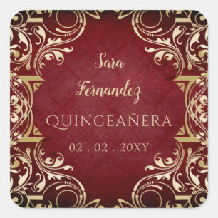 Rustic Red Gold Elegante Quinceanera Square Sticke Quadratischer Aufkleber