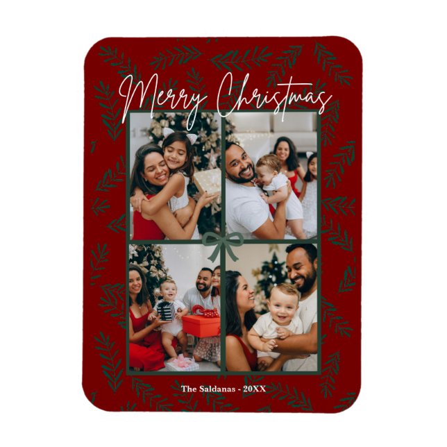 Rustic Red Green Christmas Foto Collage Card Magnet (Vertikal)