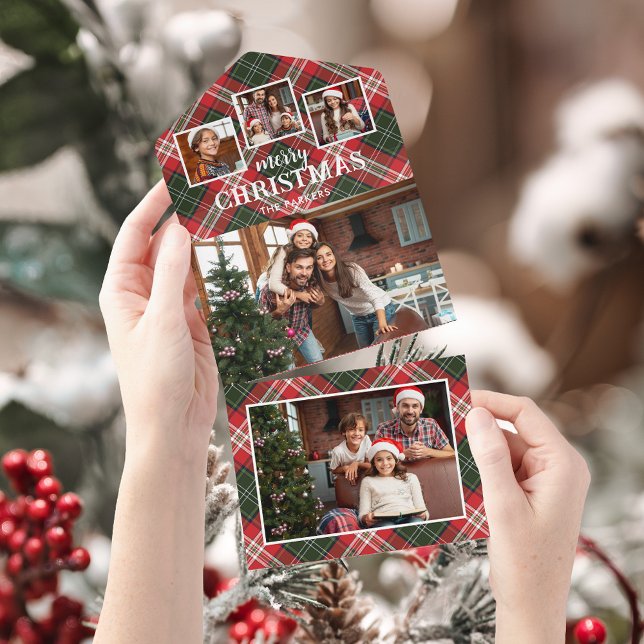 Rustic Red/Green Plaid Merry Christmas 4-Photo All In One Einladung (Von Creator hochgeladen)