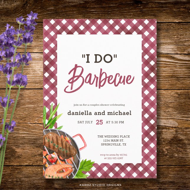 Rustic Red I DO Barbecue Hochzeitsshower Einladung (The front of the invitation is shown at a 5x7-inch size. Choose size, paper, + corner style.)