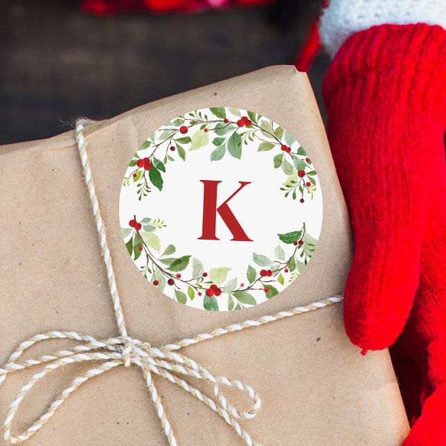 Rustic Red Monogram Holly Verlasst Berries Weihnac Runder Aufkleber (Von Creator hochgeladen)
