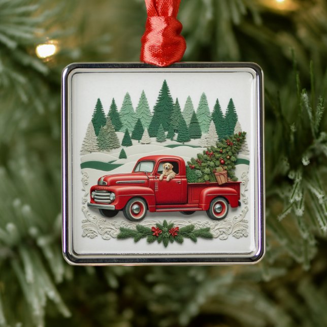 Rustic Red Pickup Truck Christmas Tree  Ornament Aus Metall (Baum)