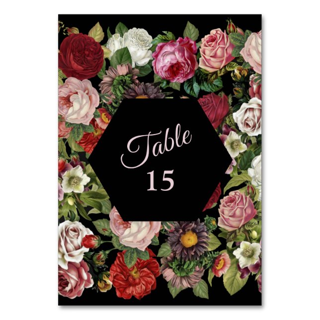 Rustic Red Pink Floral Greenery Black Party Tischnummer (Vorderseite)
