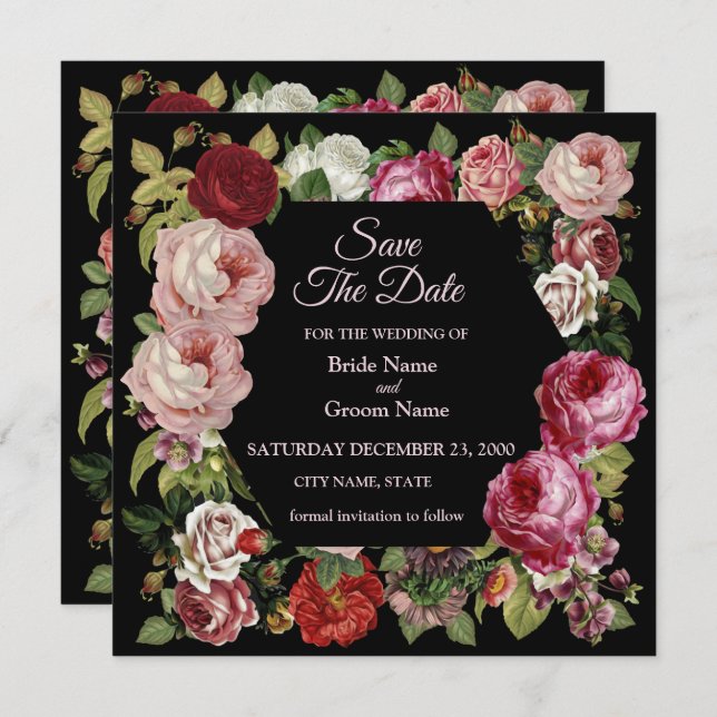 Rustic Red Pink Floral Greenery Black Save The Date (Vorne/Hinten)