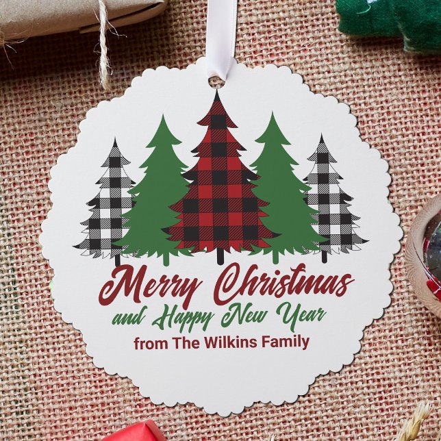 Rustic Red Plaid Merry Christmas Happy New Year Ornament Karte (Von Creator hochgeladen)