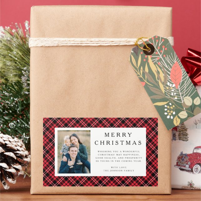 Rustic Red Plaid Photo Christmas Rechteckiger Aufkleber (Feiertag)