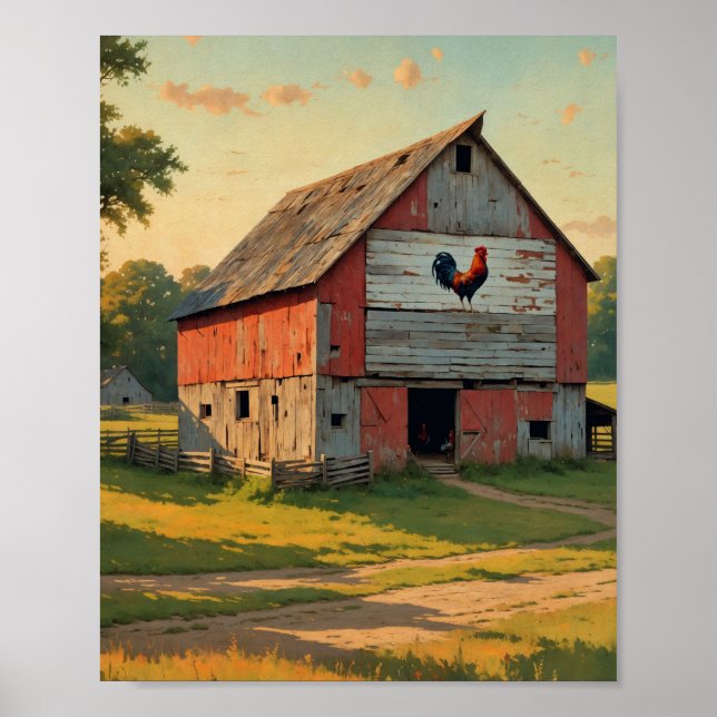 Rustic Red Rooster Barn Digital Poster (Vorne)