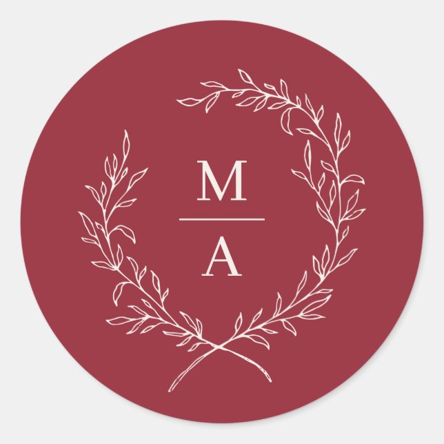 Rustic Red Simple Elegant Laurel Wreath Monogram Runder Aufkleber (Vorderseite)