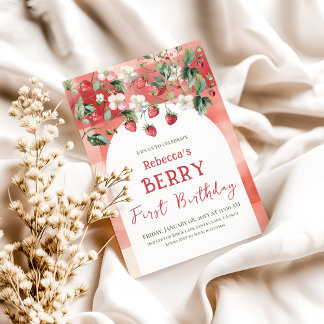 Rustic Red Strawberry Berry Erster Geburtstag Einladung