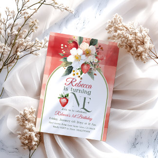 Rustic Red Strawberry Berry Erster Geburtstag Einladung