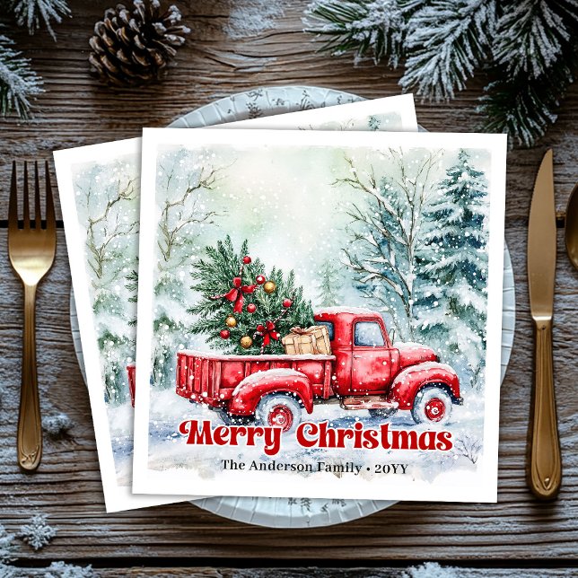 Rustic red truck Christmas scene festive napkins Serviette (Rustic red truck Christmas scene festive napkins)