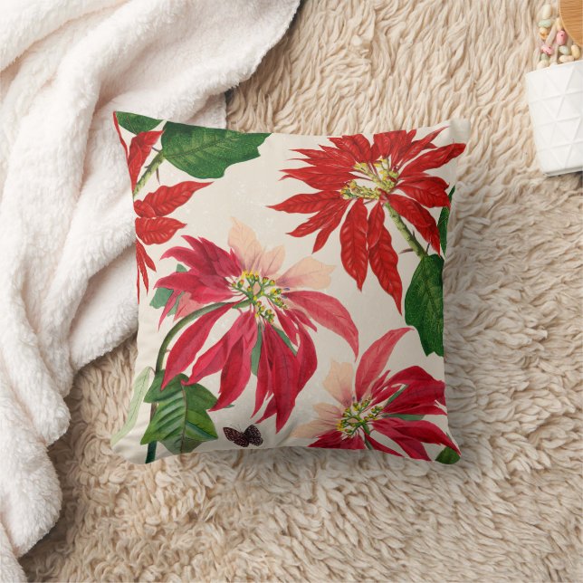 Rustic Red Watercolor Poinsettia Floral Greenery  Kissen (Decke)