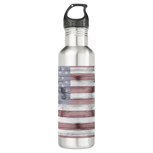Rustic Red White Blue Wood USA Fahne Amerika Edelstahlflasche (Vorderseite)