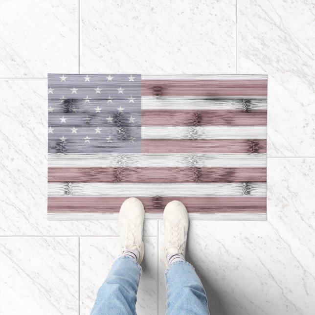 Rustic Red White Blue Wood USA Fahne Amerika Fußmatte (Indoor)