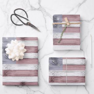 Rustic Red White Blue Wood USA Fahne Amerika Geschenkpapier Set