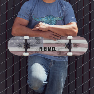 Rustic Red White Blue Wood USA Fahne Amerika Name Skateboard