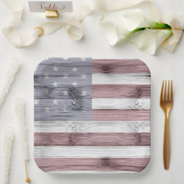 Rustic Red White Blue Wood USA Fahne Amerika Pappteller
