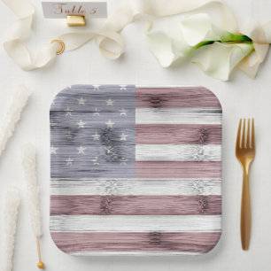 Rustic Red White Blue Wood USA Fahne Amerika Pappteller
